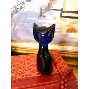 Vintage Viking/Rainbow Glass Cat Figurine Dark Blue 1970s 5 Inch Mid Century Mod